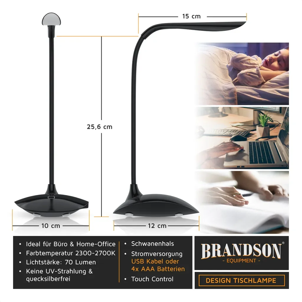 Brandson LED Schreibtischlampe dimmbar warmweiß USB Batterie Schwarz