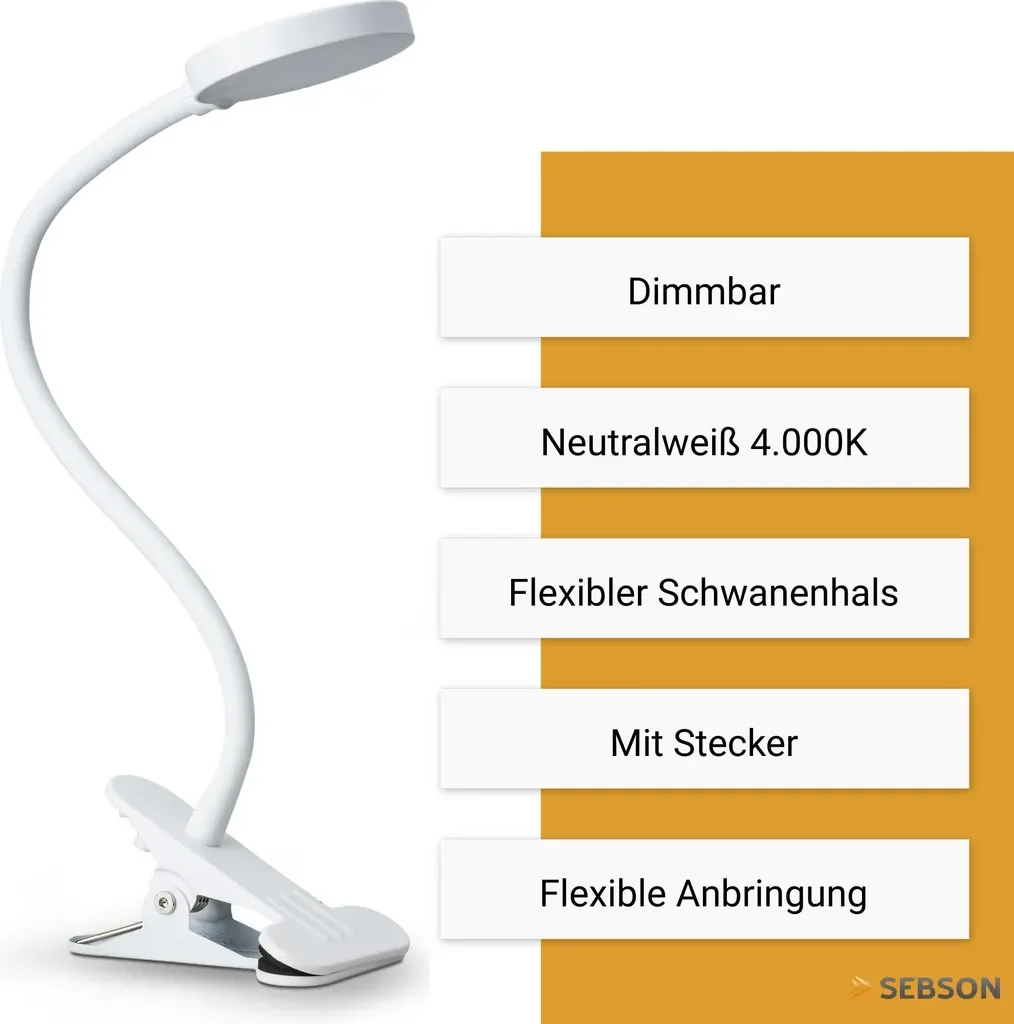 SEBSON LED Klemmleuchte 4W dimmbar schwenkbar Leselampe mit Netzteil