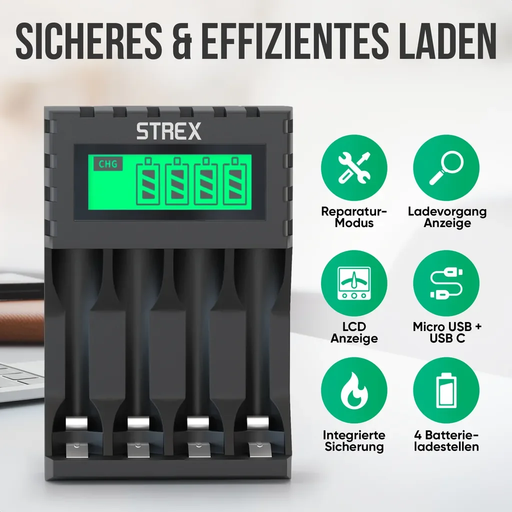 Strex Akku Ladegerät AA/AAA USB mit LCD Display Universal