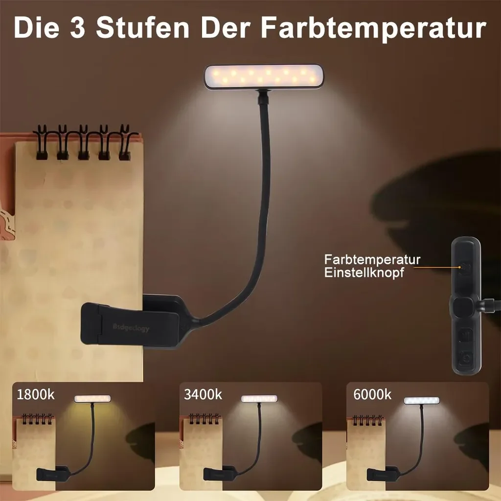 Dopwii LED Klemm Leselampe USB Akku 3 Farben 5 Helligkeiten 1000mAh