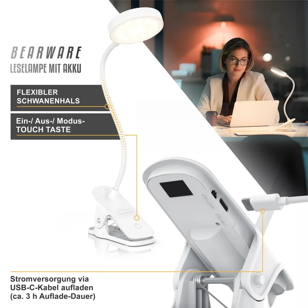 BEARWARE Brandson LED Klemmleuchte dimmbar Akku 3 Lichtfarben USB-C