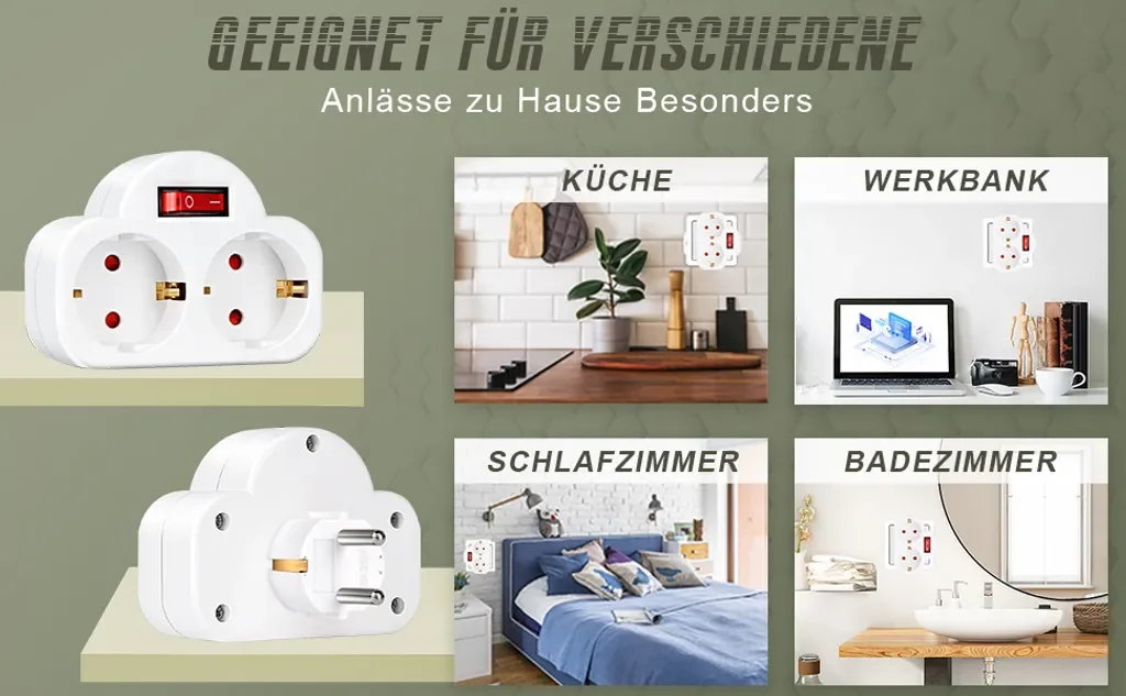BENSON Steckdosenadapter 2-fach mit Schalter Schuko Zwischenstecker