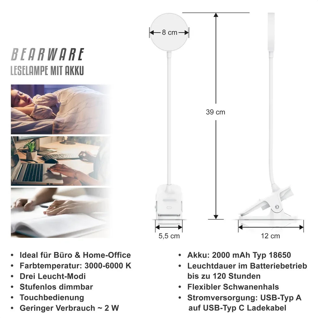 BEARWARE Brandson LED Klemmleuchte dimmbar Akku 3 Lichtfarben USB-C