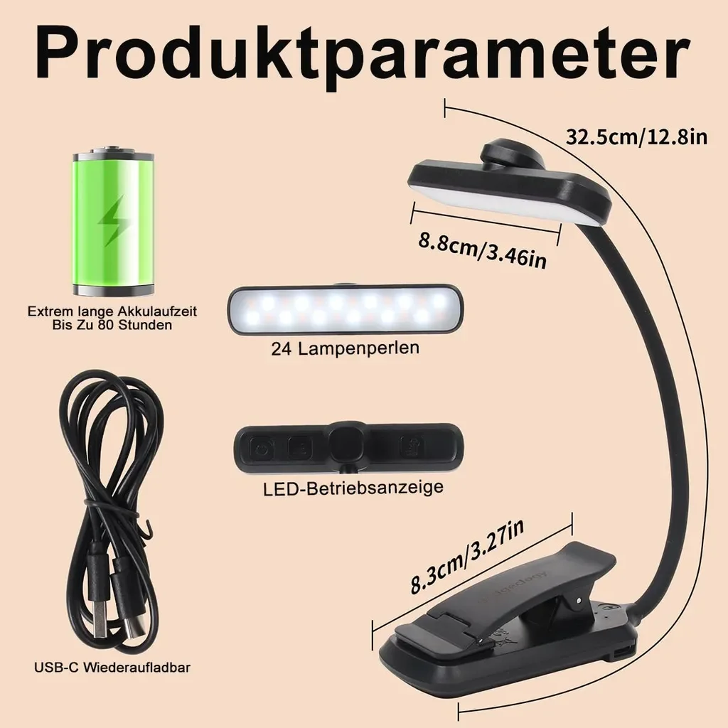 Dopwii LED Klemm Leselampe USB Akku 3 Farben 5 Helligkeiten 1000mAh