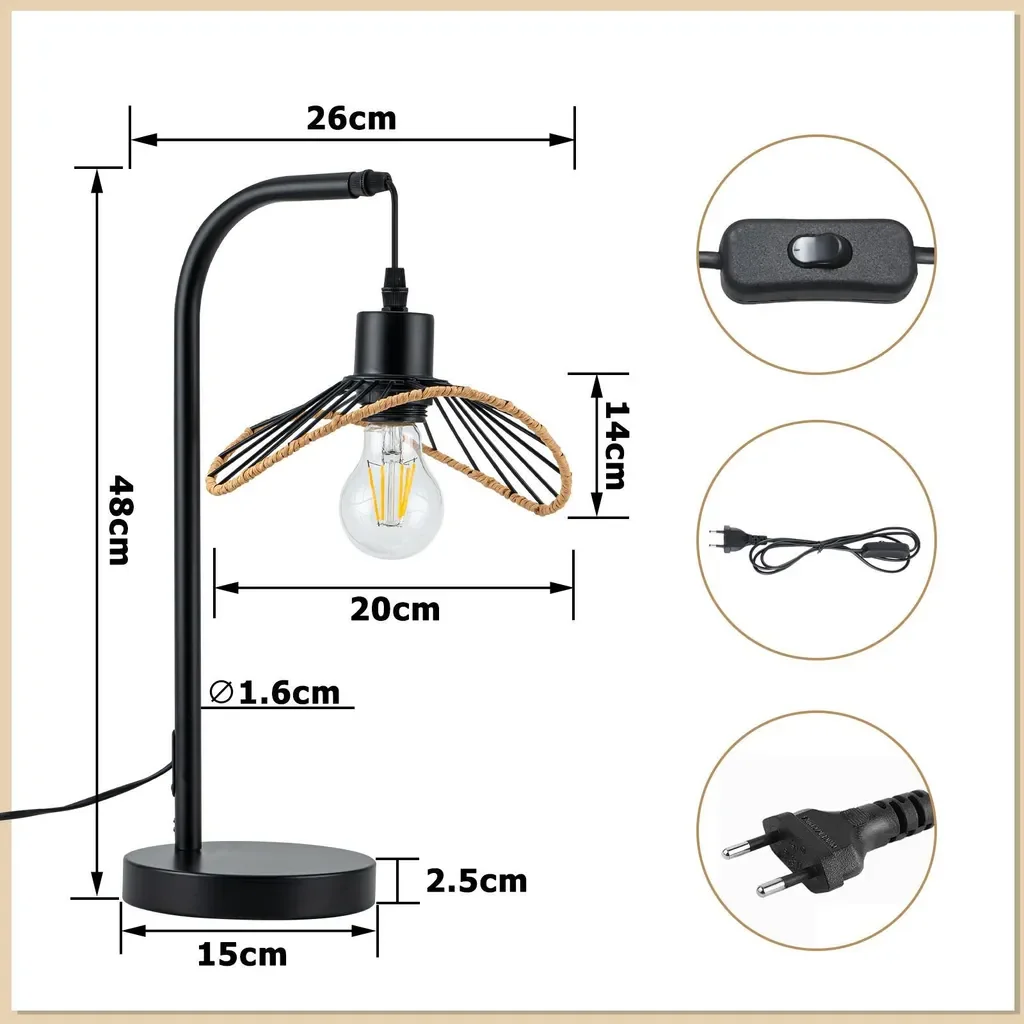 ZMH Vintage Tischlampe E27 mit Kabel ohne Leuchtmittel
