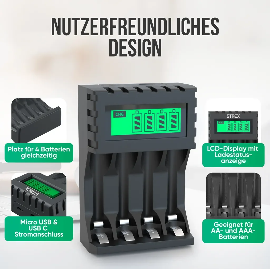 Strex Akku Ladegerät AA/AAA USB mit LCD Display Universal