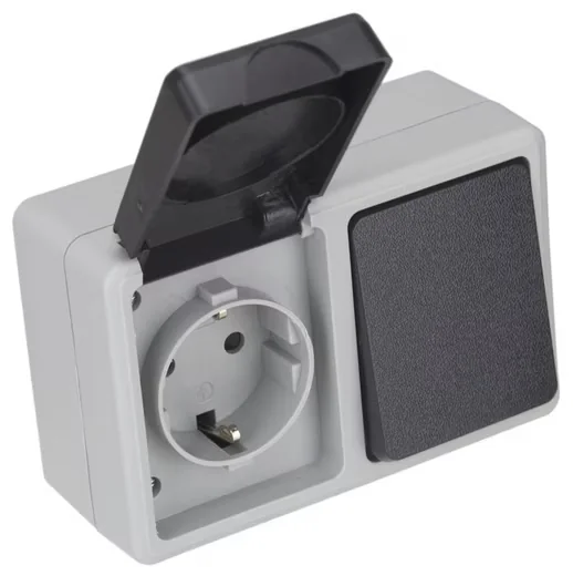 TAFF Aufputz Feuchtraum-Steckdose mit Schalter IP44 horizontal