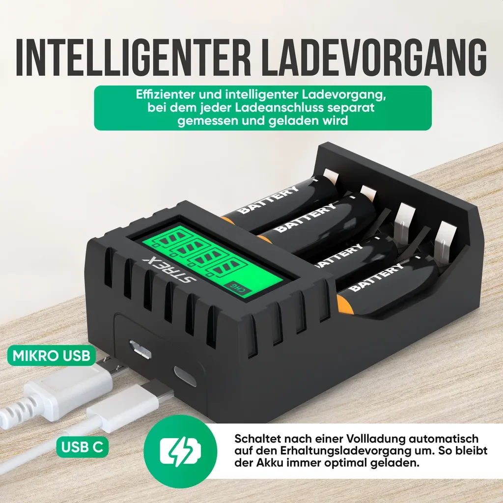Strex Akku Ladegerät AA/AAA USB mit LCD Display Universal
