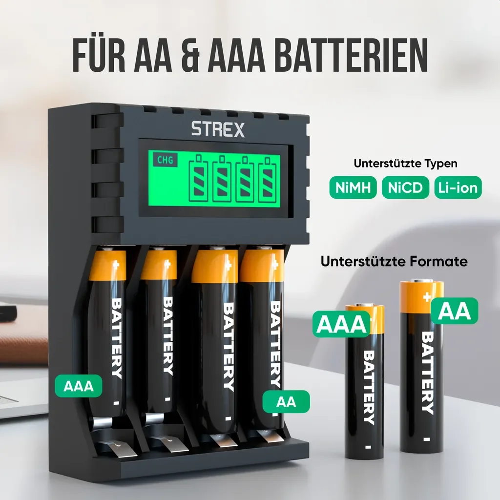 Strex Akku Ladegerät AA/AAA USB mit LCD Display Universal