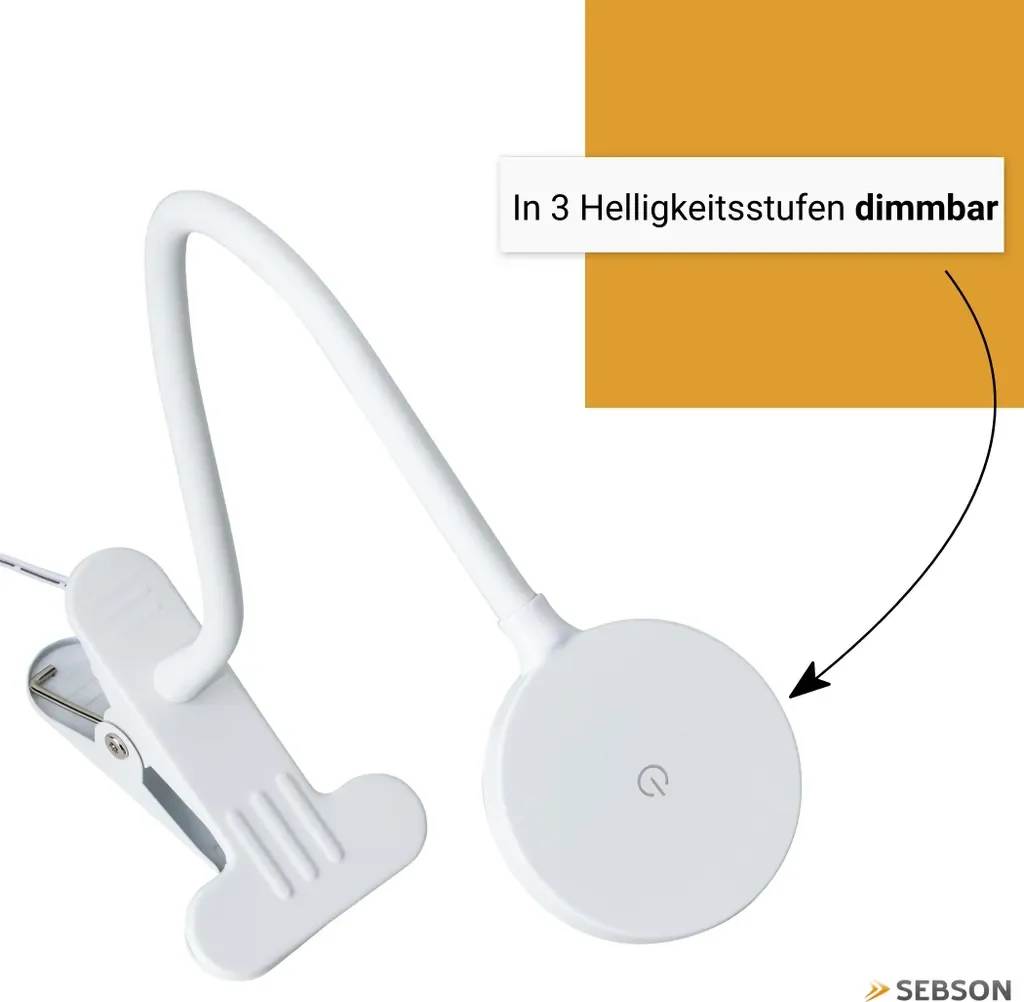 SEBSON LED Klemmleuchte 4W dimmbar schwenkbar Leselampe mit Netzteil