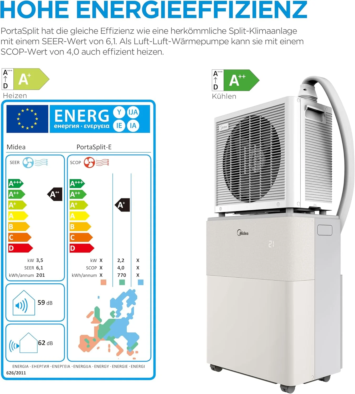 Midea PortaSplit-E Mobile Klimaanlage 12000 BTU 39 dB bis 42 qm