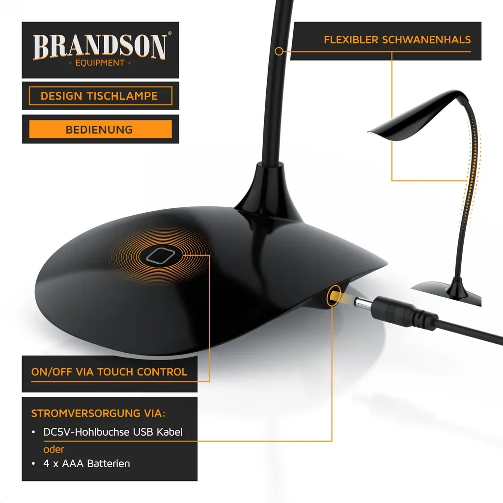 Brandson LED Schreibtischlampe dimmbar warmweiß USB Batterie Schwarz